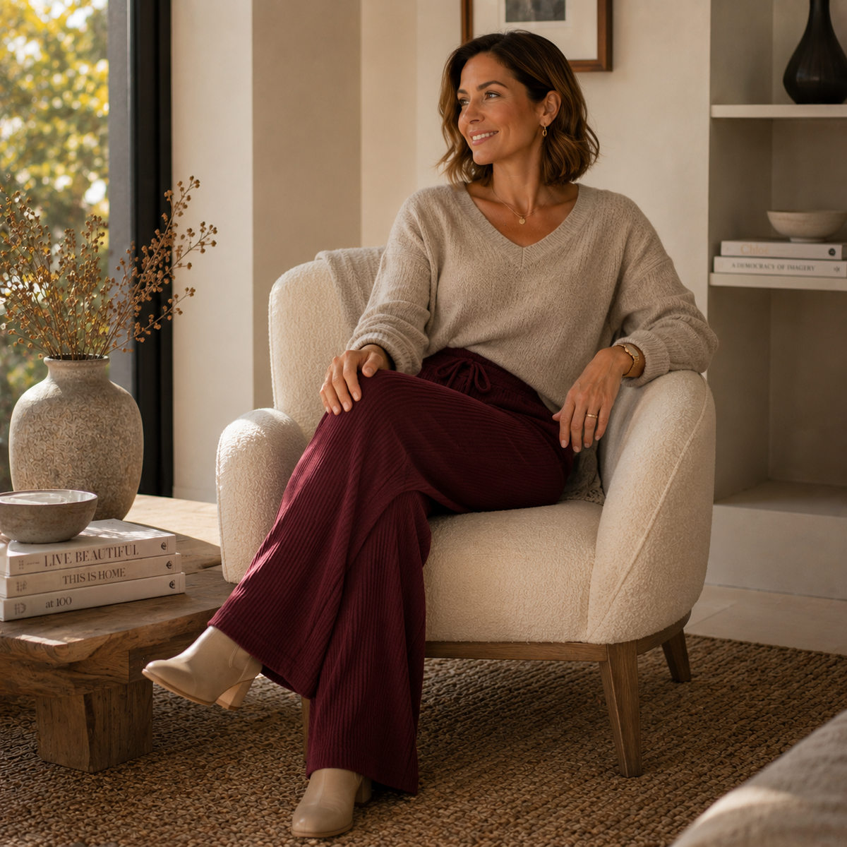 Pantalón Wide Leg Rib Premium Mujer - crudo - Pascalle