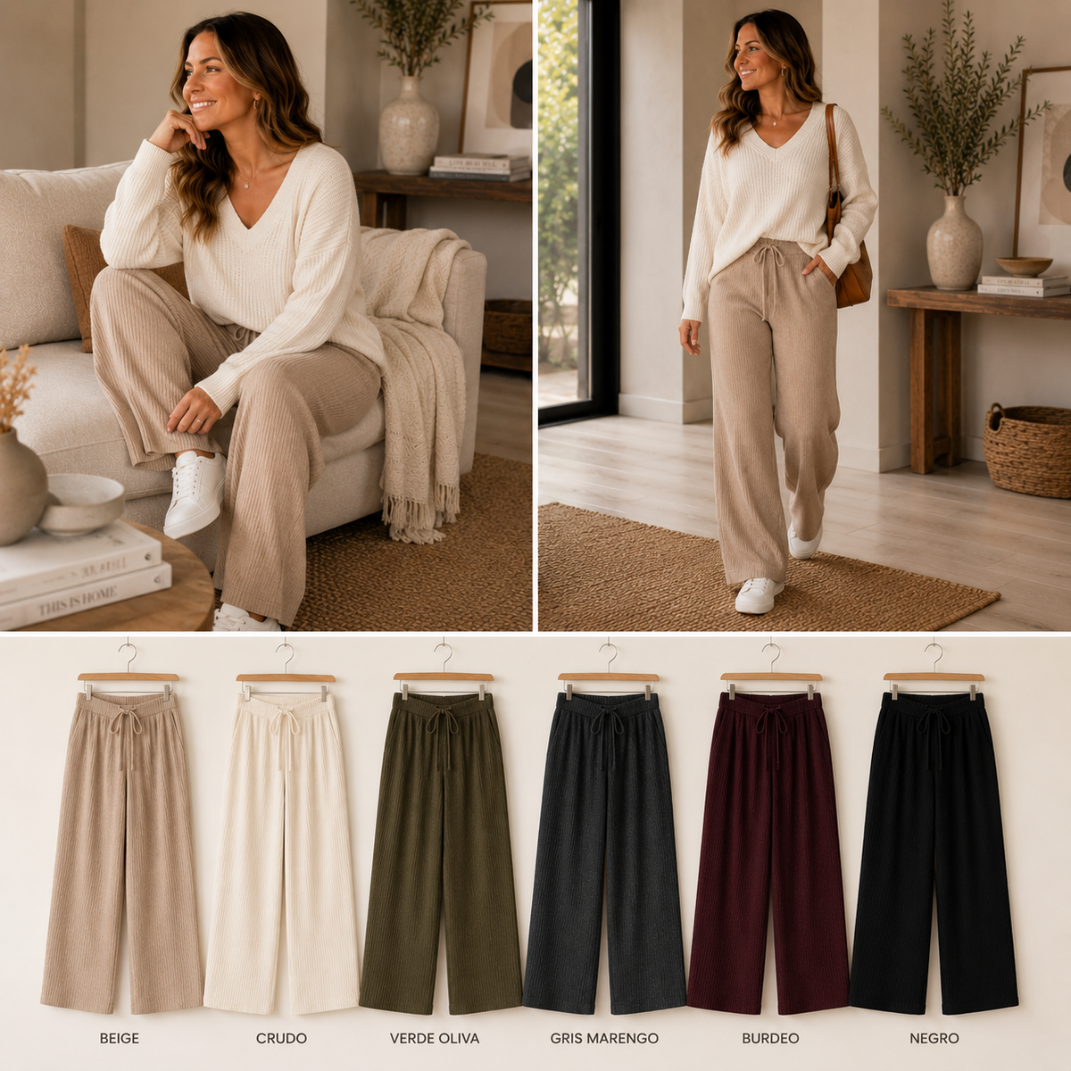 Pantalón Wide Leg Rib Premium Mujer - verde-botella - Pascalle
