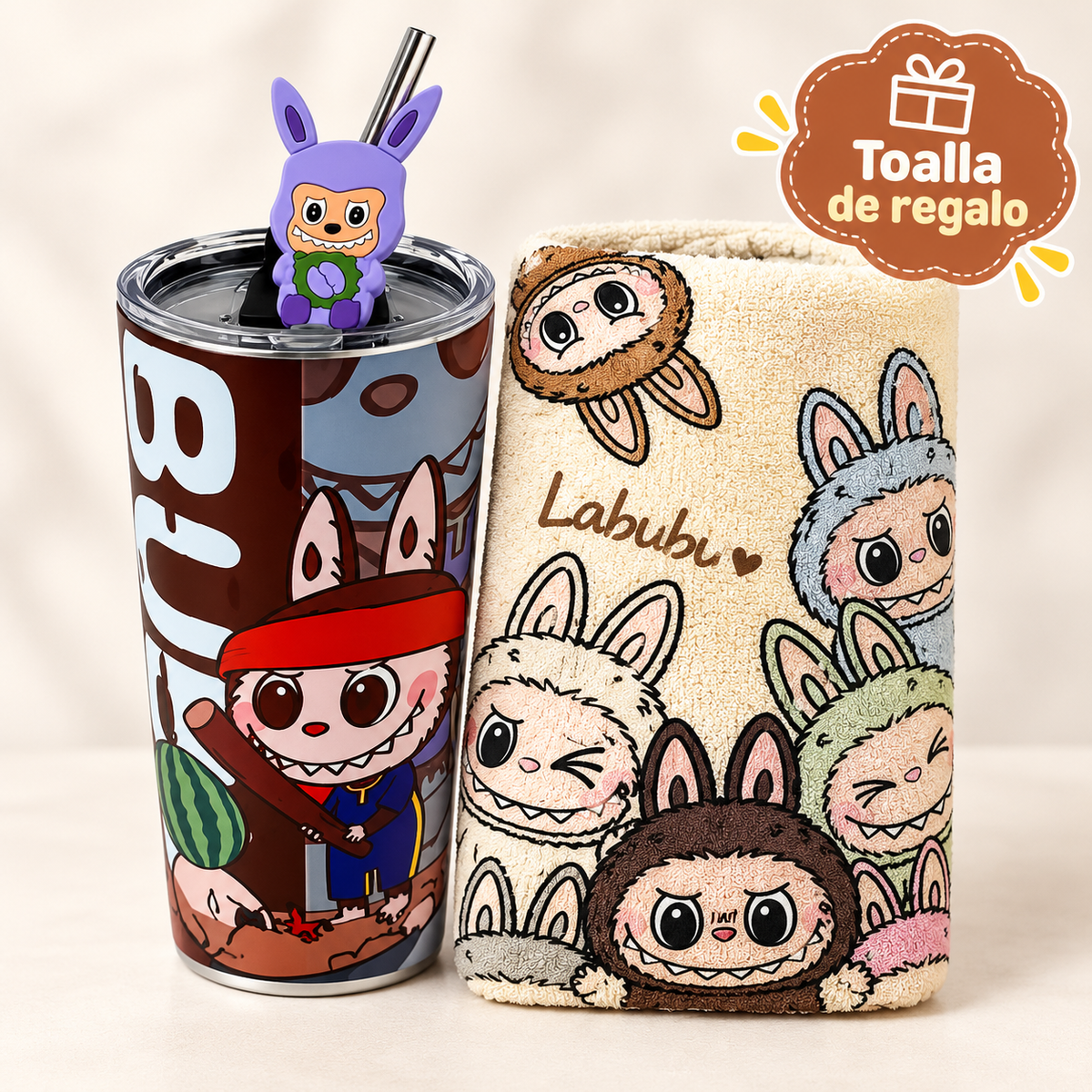Vaso Térmico Metálico Labubu con Bombilla + Toalla de Playa de Regalo