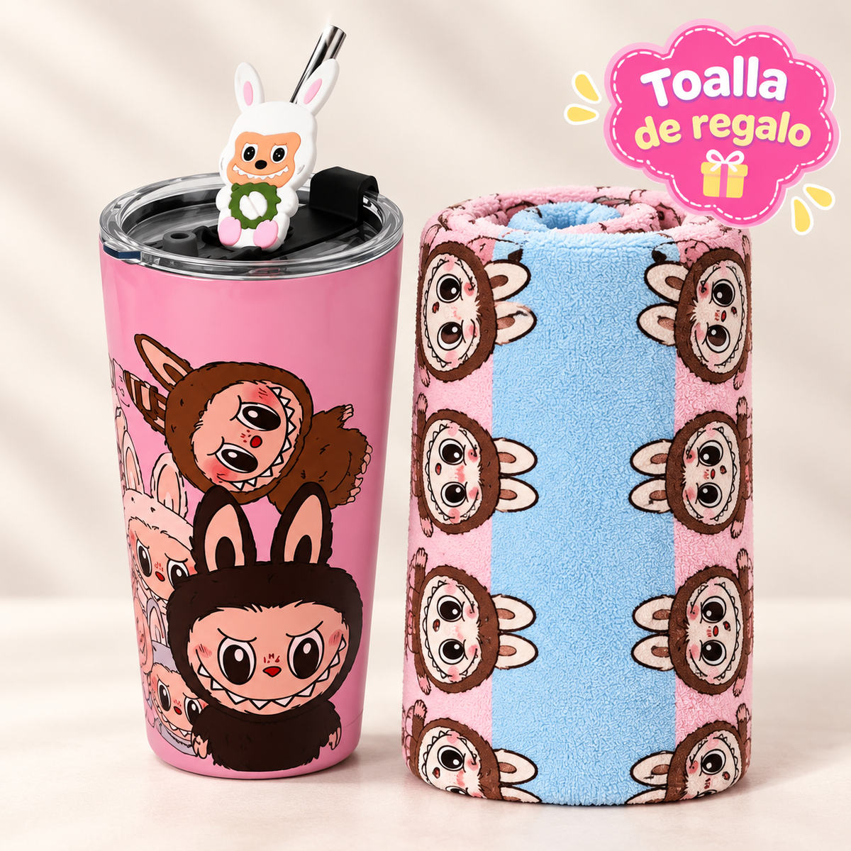 Vaso Térmico Metálico Labubu con Bombilla + Toalla de Playa de Regalo
