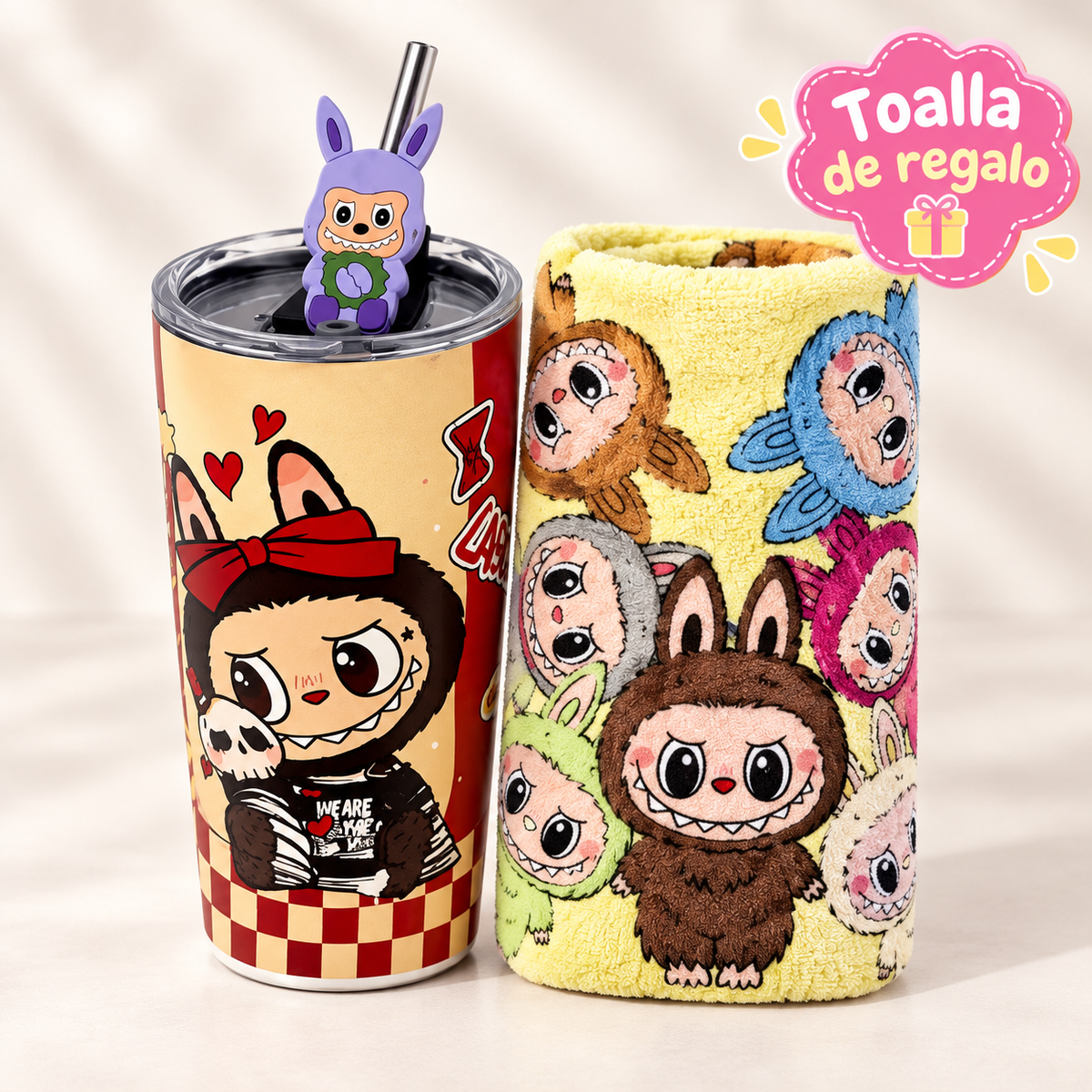 Vaso Térmico Metálico Labubu con Bombilla + Toalla de Playa de Regalo
