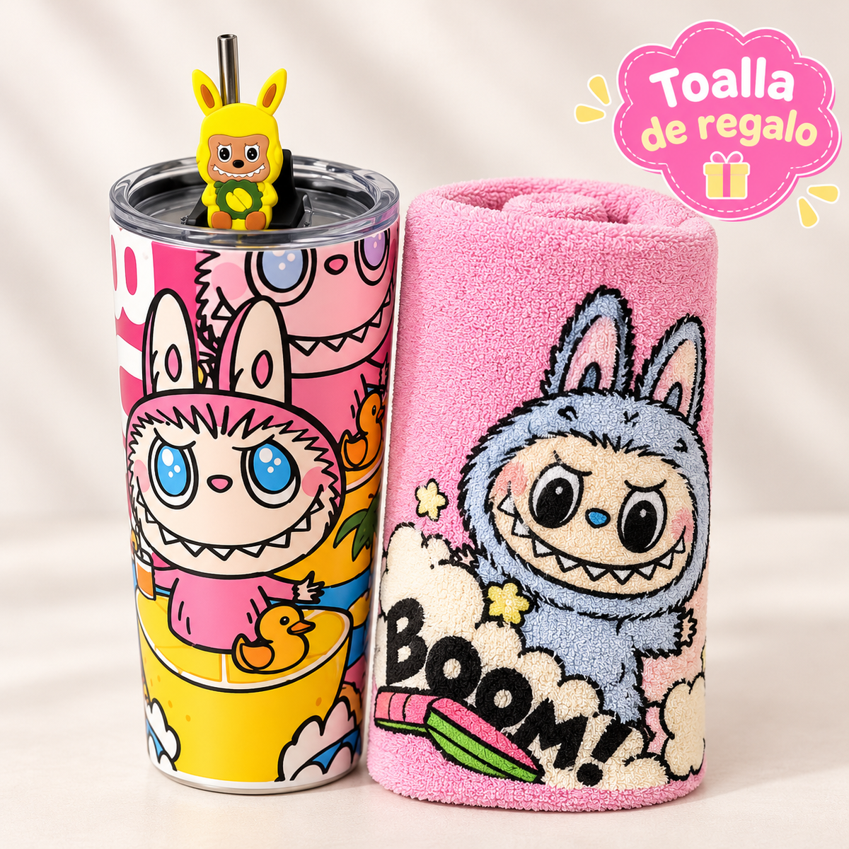 Vaso Térmico Metálico Labubu con Bombilla + Toalla de Playa de Regalo