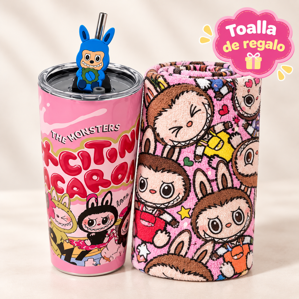 Vaso Térmico Metálico Labubu con Bombilla + Toalla de Playa de Regalo