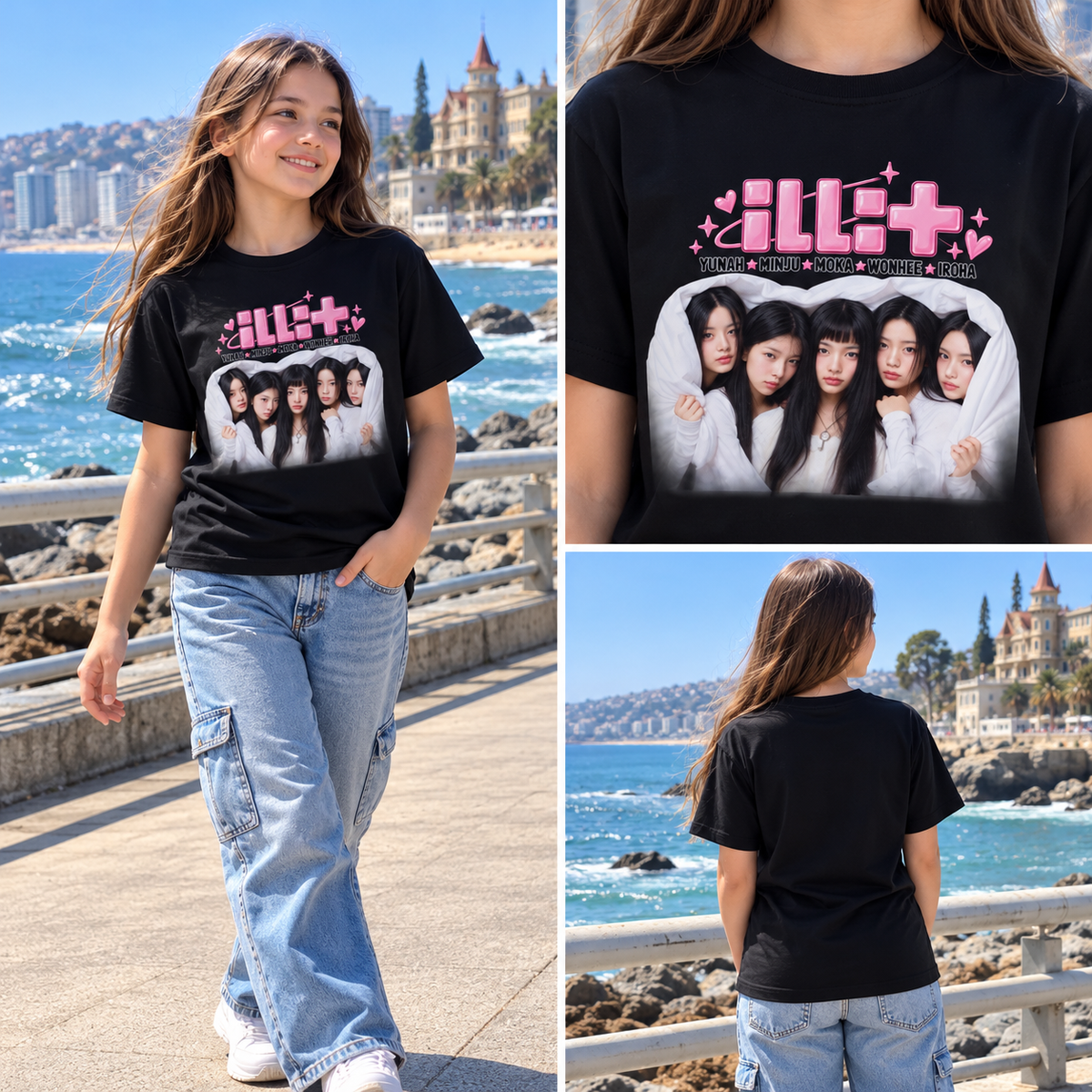 Polera Infantil Niña ILLIT Logo Rosa y Fotografía K-Pop