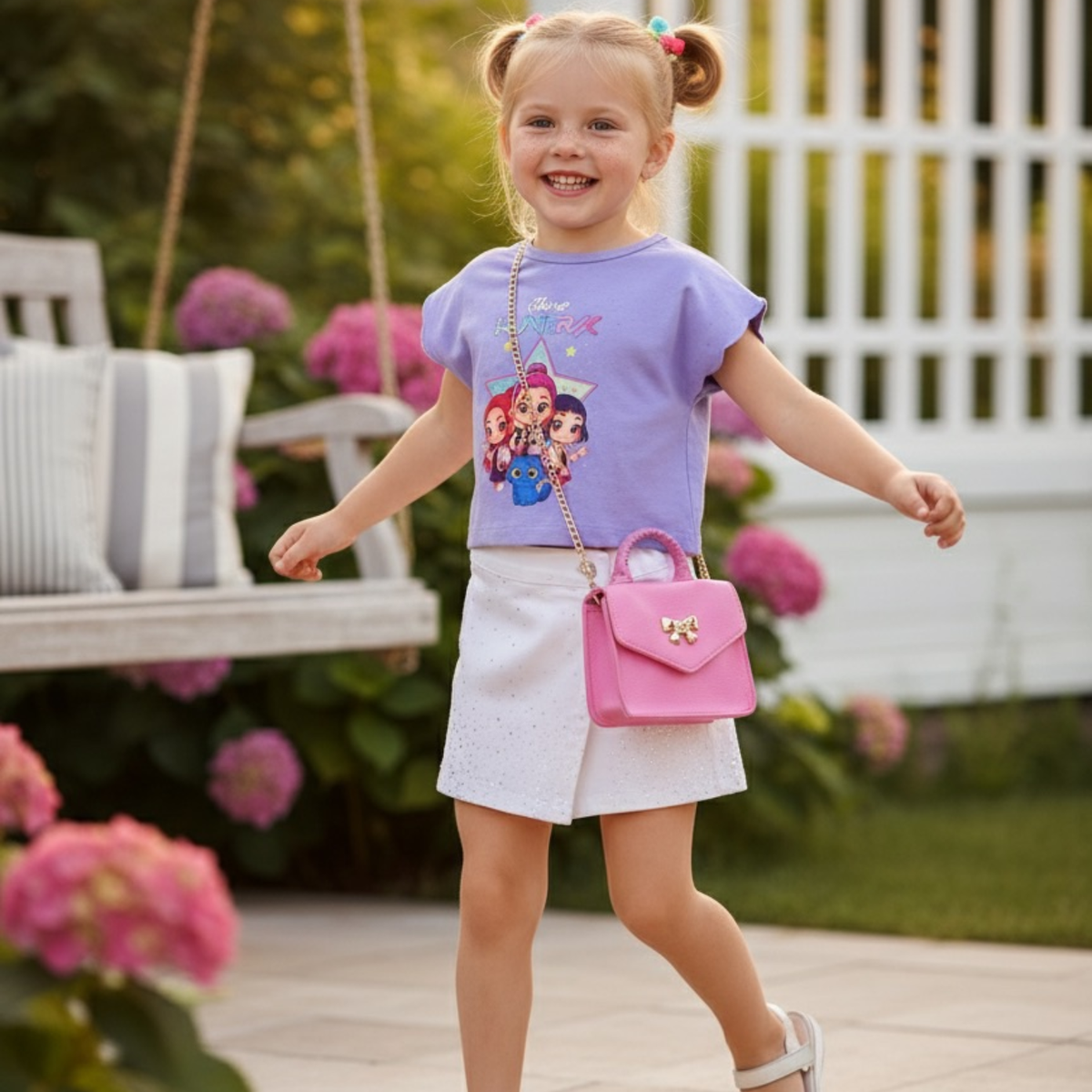 Polera Infantil Huntrix Star Manga Volante 6 Celeste La Pascalle
