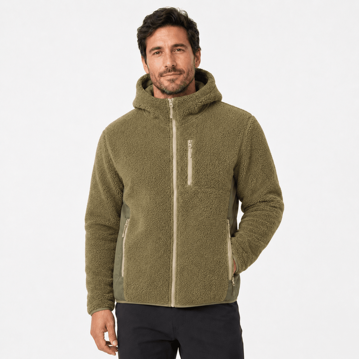 Chaqueta Polar Sherpa Hombre con Capucha - Verde Oliva - XXL | Pascalle