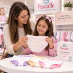 Mamá y niña eligiendo calzones de algodón Pascalle en diseños infantiles
