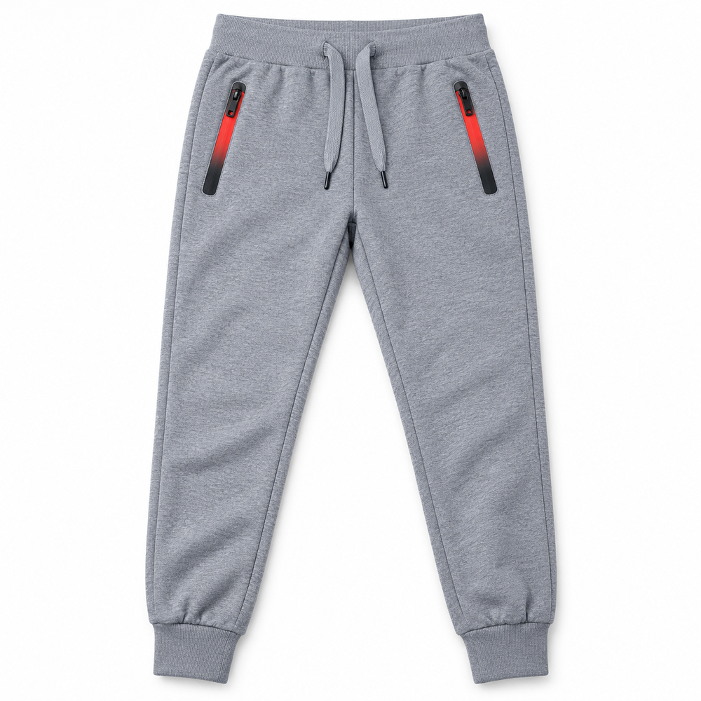Jogger deportivo infantil gris con cierres rojos, fotografía de producto