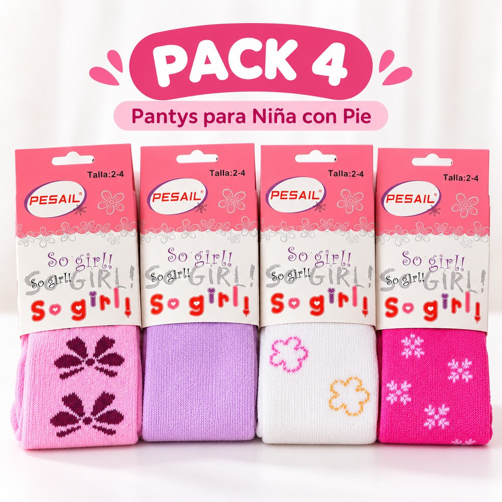 Pack 4 pantys para niña PESAIL surtidas con pie cerrado, talla 2-4
