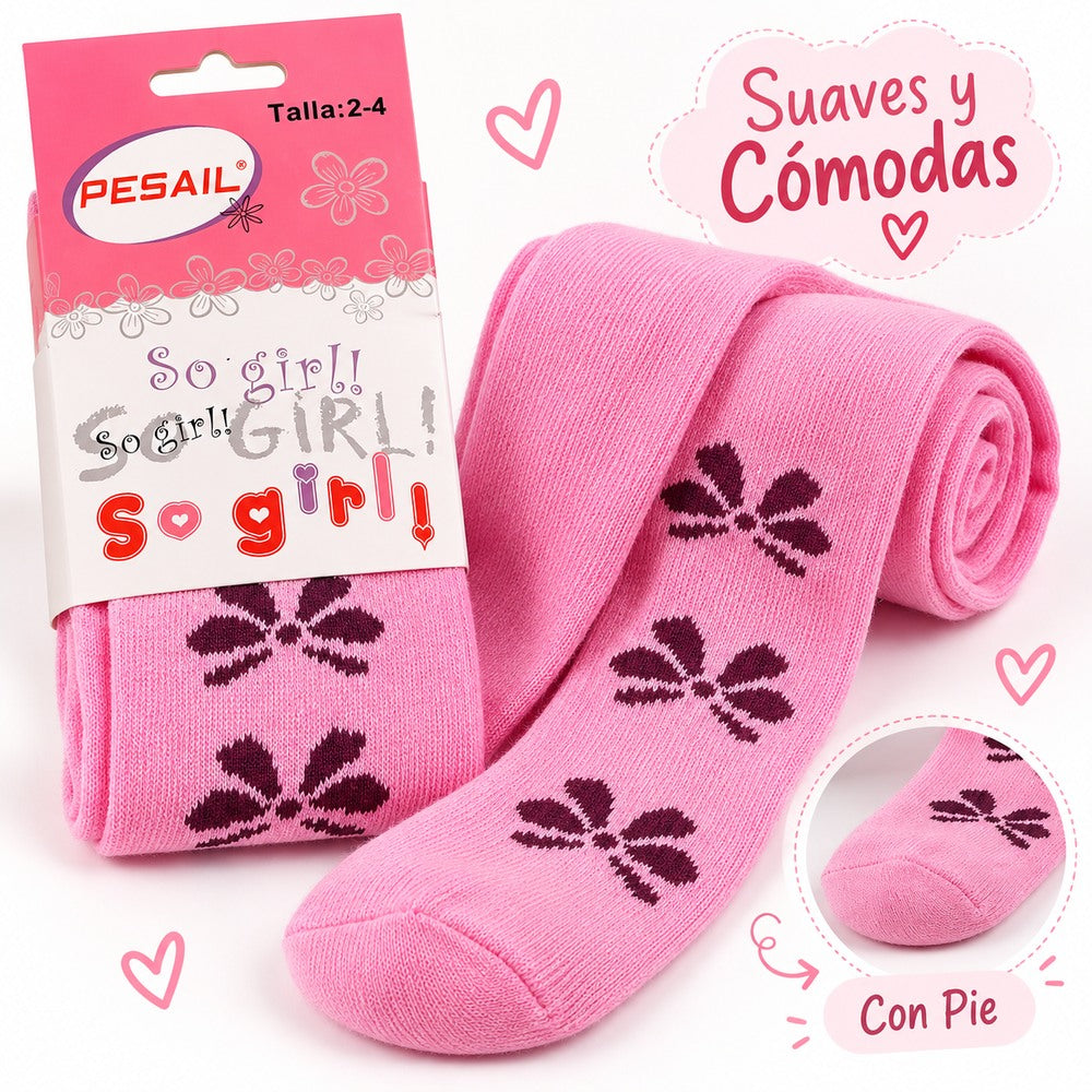 Panty infantil rosa PESAIL de algodón con detalle de flor y pie cerrado