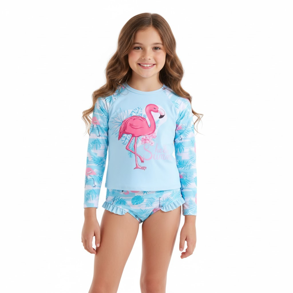Traje de baño de dos piezas para niña con flamenco y protección UV