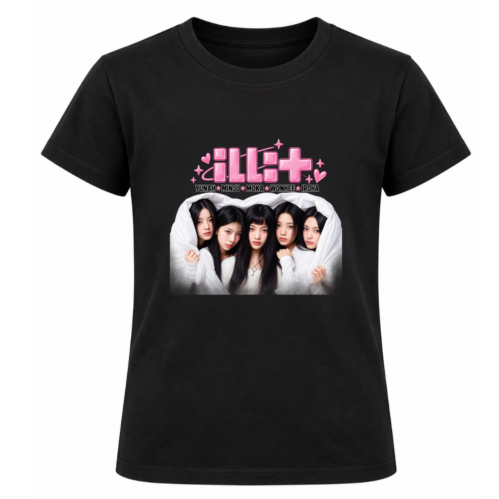 Polera infantil negra ILLIT K-Pop logo rosa fotografía cinco integrantes