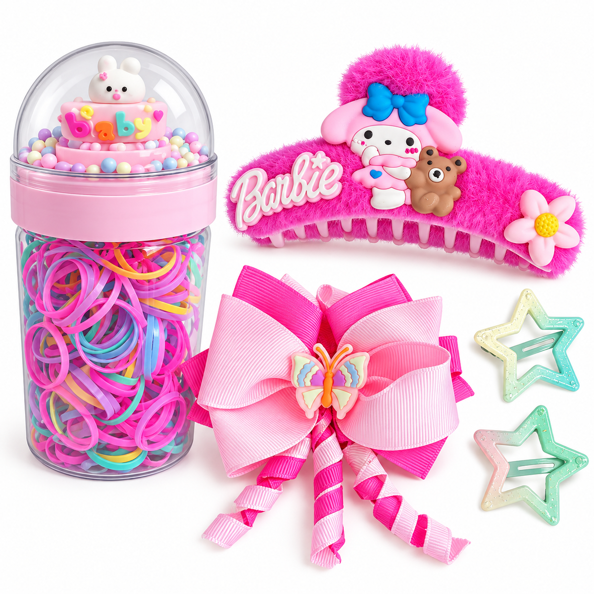 Set de accesorios para cabello niña, mariposa y estrellas